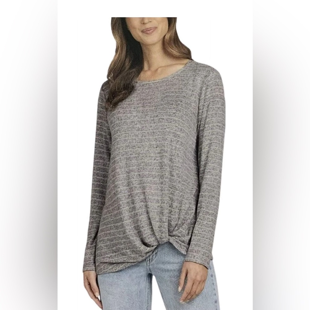 Max & Mia Women's Long Sleeve Cozy Side Twist Tunic Heather Gray/Natural Stripe